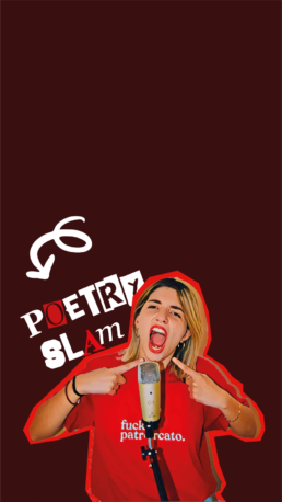 A woman stands at a microphone, pointing to her red shirt with white text during a lecture performance for students. The background says POETRY SLAM in mixed fonts with an arrow pointing at her. • Eleonora Fisco